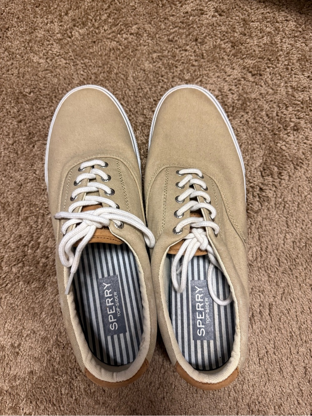 Sperry Men’s Tan Canvas Boat Sneakers with White Laces like new